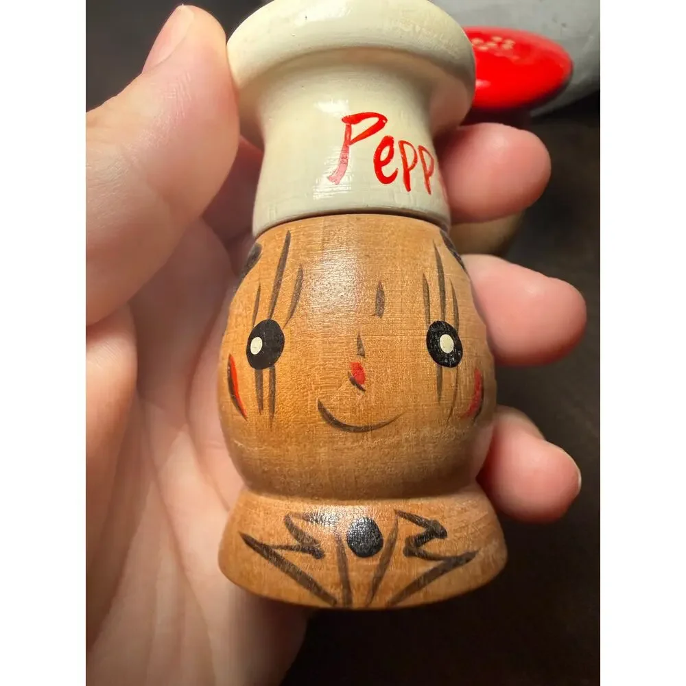 Vintage 1950's-60's Chef Salty and Peppy Wood Shakers Painted Made in Japan